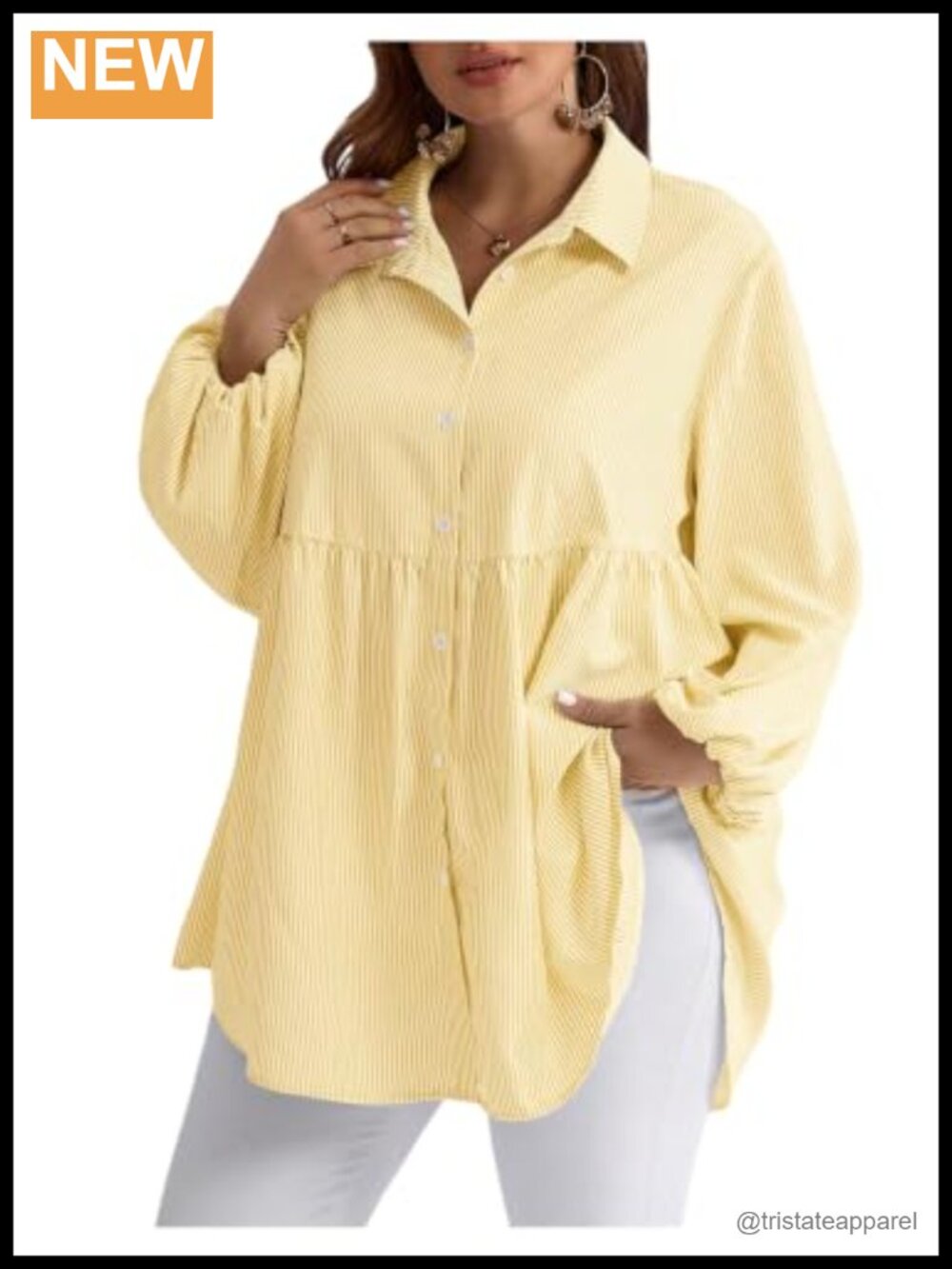 Plus Size Striped Button Down Shirt Lantern Sleeve Blouse Peplum Top